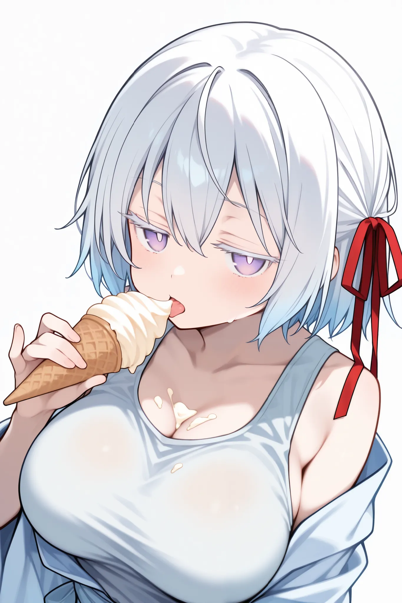 score_9, score_8_up, score_7_up, upper body, (solo, 1girl, yuki onna, white hair, short hair, habitual hair, hair ribbon, red ribbon, purple eyes), large breasts, petite, (tank top), ((Eating soft serve ice cream, lick soft serve ice cream)), cute face, ((...