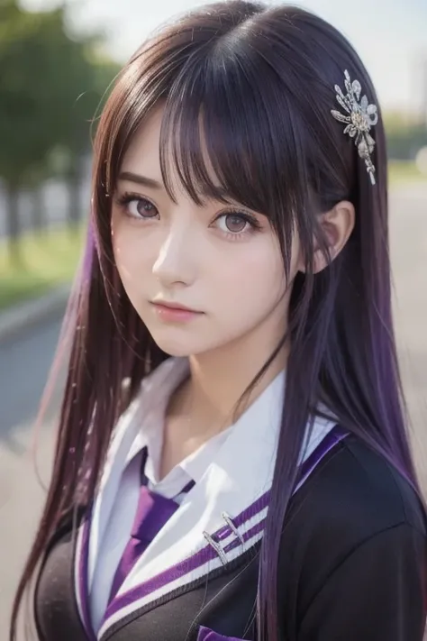 2D, masterpiece,  top quality, Anime,  very detailed,  One Girl , Alone, Yuri,  purple eyes,  purple hair,   hair between eyes ,  hair clip,  school uniform, Yandere face