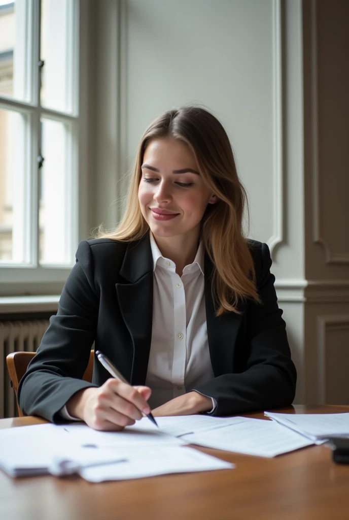 Generating me a ready-made photo for my practice report There must be a girl about 22 years old sitting at a table in classic clothes, a jacket, a suit or shirt who looks at the documents holds a pen in her hands, the document is scattered around the table...