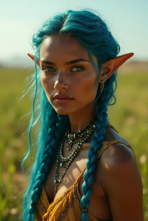 Upper body shot, North African woman, pointed elf ears, caramel skin, velvet blue hair, closed mouth, antique travel outfit, dynamic pose, complex fantasy character, NSFW, cinematic lighting, fantasy, magic, detailed background, in a sunny green plain, bes...