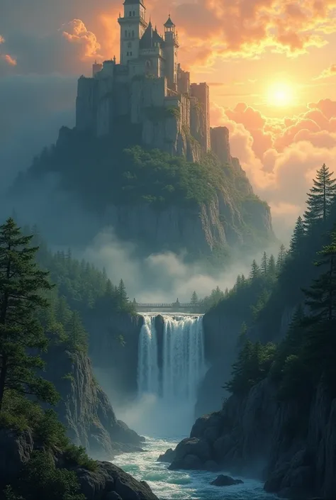 Sunrise, misty clouds around a vast mountain with an ancient fortress on top. Waterfalls cascade down the mountainside, and a dense forest surrounds it.  