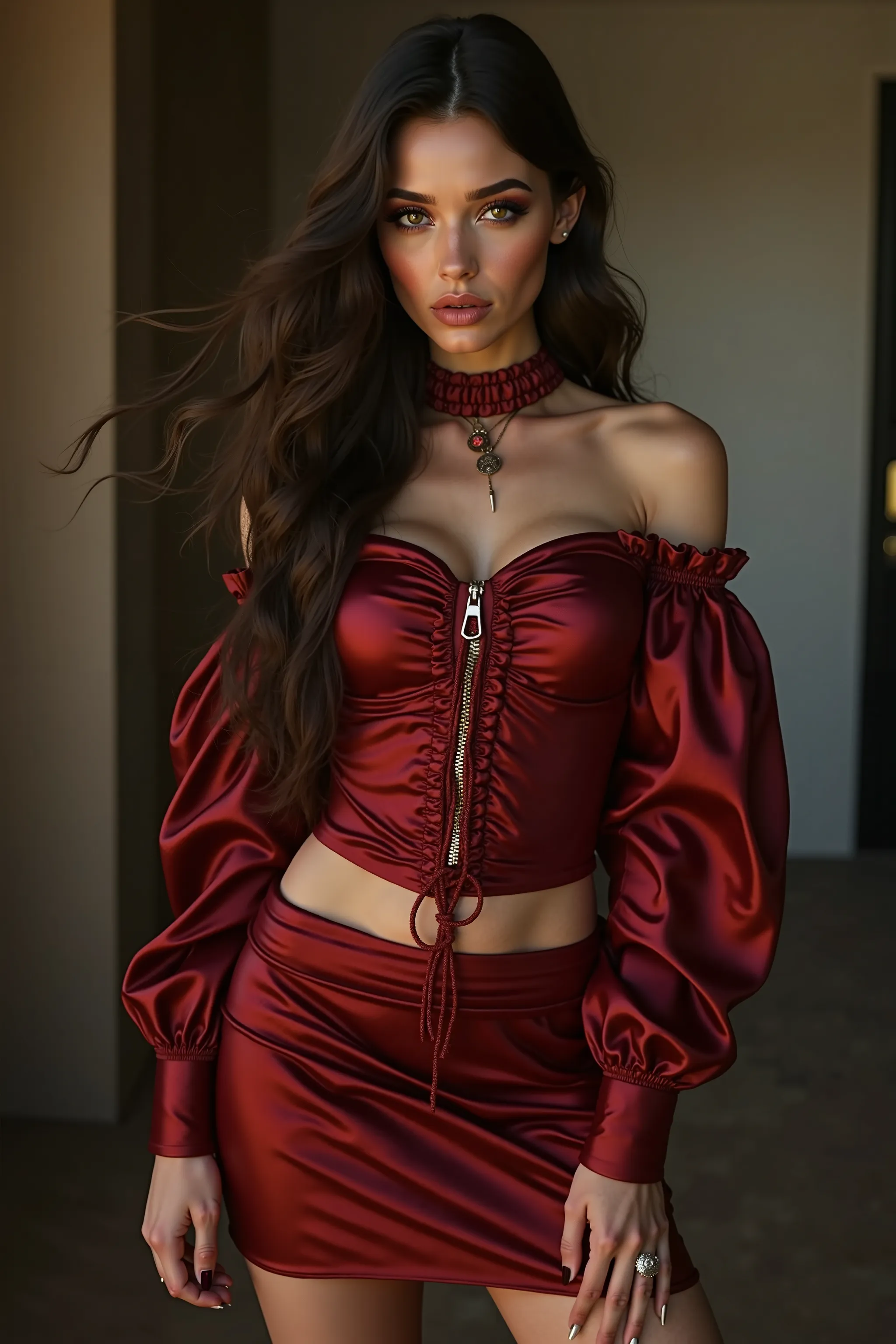  An award-winning masterpiece in high quality , HD, HDR, (foto realistic) fine art photo magazine in the style of fascinating visual art:  Eine sur realistice Szene mit einer  realisticen Frau in einem dunklen maximalistischen Outfit. Her clothes include l...