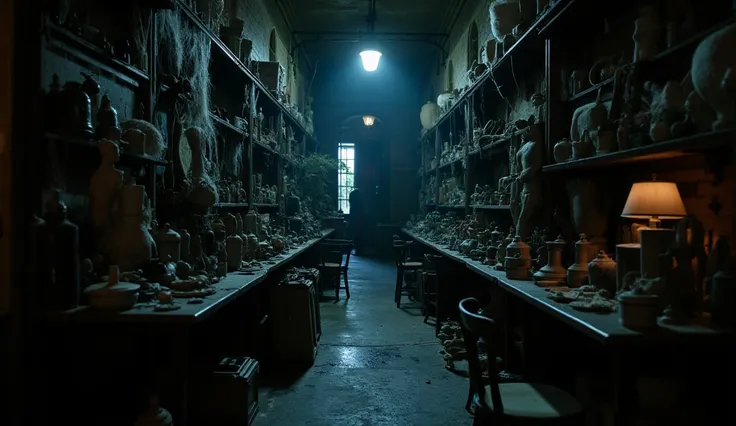 
"A dimly lit antique market at night, with shelves full of old, dusty items. The atmosphere feels mysterious and eerie, with shadows cast on the walls and objects covered in cobwebs.""Cinematic Horror