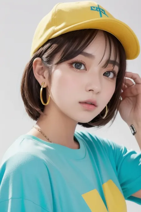  ski style, miku  has sune, Masterpiece,  best quality ,  1 girl, ,   aqua eyes,  cap,  Closed Her Mouth ,  earrings,  has , hoop  earrings,   jewelry,  Look at the Viewer ,  shirt,   simple background, Alone,  upper body, yellow  shirt