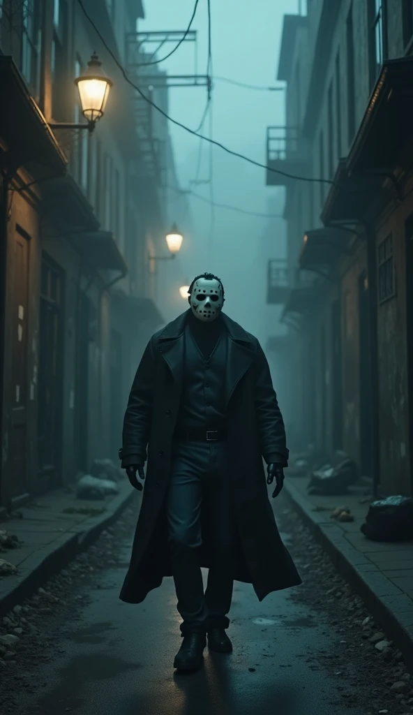 `Cinematic vertical portrait of Jason Voorhees, hyper-realistic, menacing and relentless look behind hockey mask, silent and terrifying mob boss, walking with slow and ominous step through dark and desolate urban alley with low fog, pitch black night, dim ...