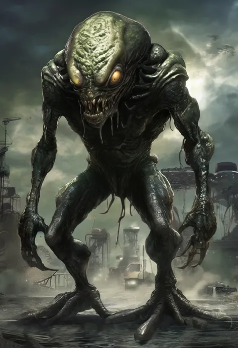 Depict a Drakarien alien: a ruthless extraterrestrial with thick, toad-like gray skin covered in large, oozing tumors and pustules, emitting a nauseating fluid. The creature's body is irregular and deformed, enhancing its monstrous appearance. It possesses...