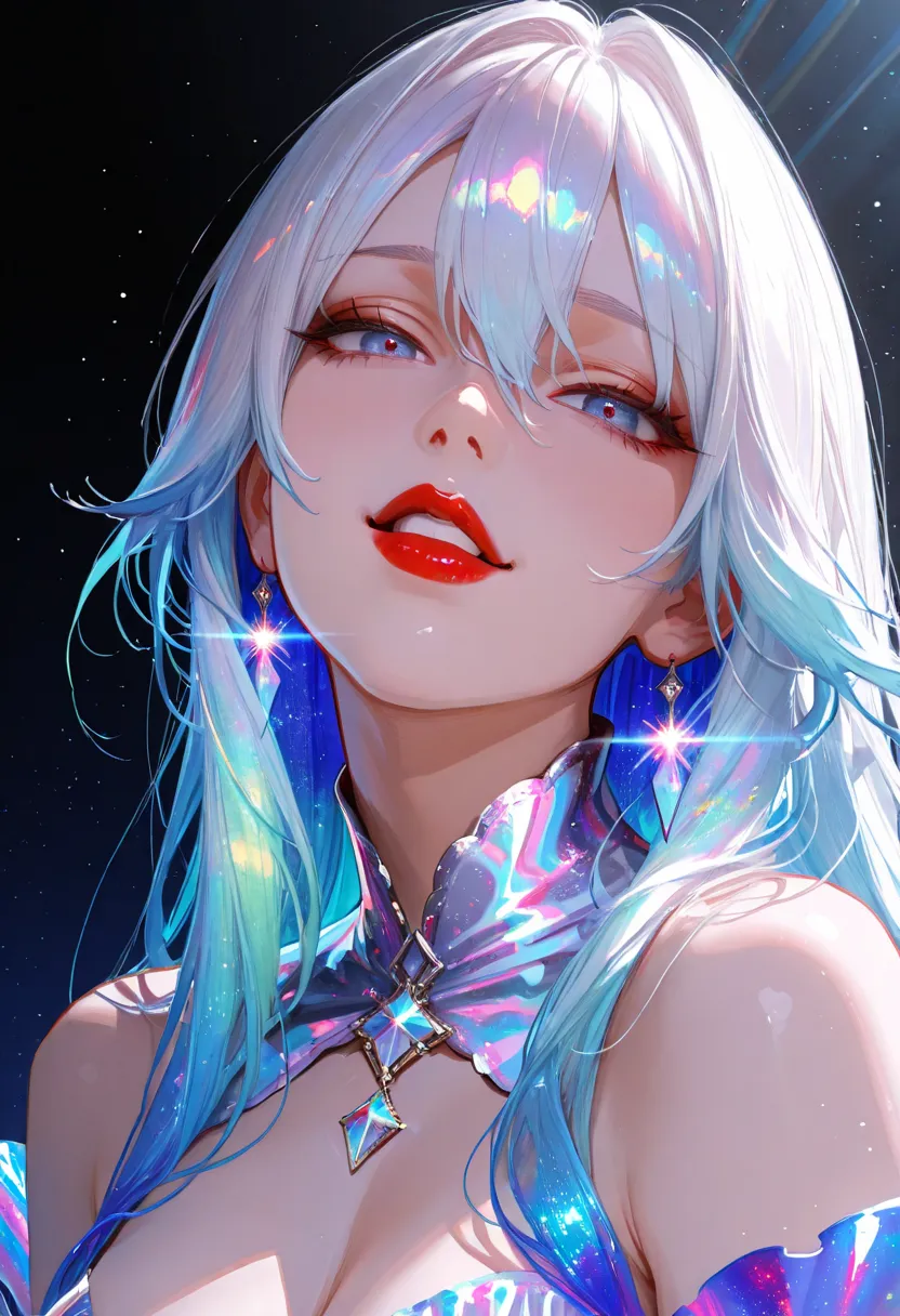 ultra detailed, absolutely resolution, masterpiece. 
cool beauty, seductive and excited lewd look, seduction, white glossy silky flowing high layered hair, hair, red lips. 
white flash black light effect, wonderland worldview. various iridescent foggy glit...