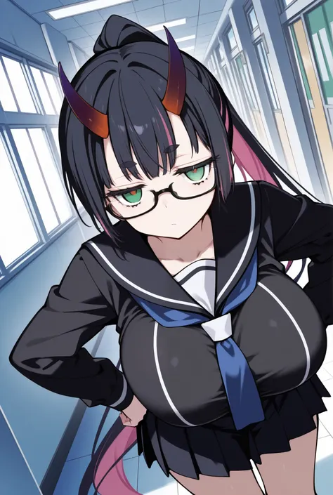 score_9, score_8_up, score_7_up, (school hallway), dutch angle, (solo, 1girl, black hair, green eyes, very long ponytail, dark red horn, Purple-tipped horn, horn on forehead), huge breasts, (school uniform, long sleeves, skirt, sailor collar, serafuku, shi...