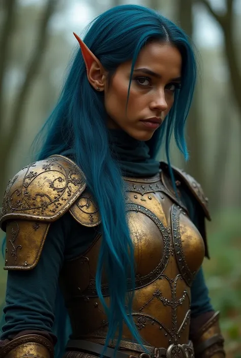 Upper body shot, North African woman, pointed elf ears, caramel skin, blue velvet hair, closed mouth, antique bronze armor, combat pose, dynamic pose, complex fantasy character, NSFW, cinematic lighting, fantasy, magic, detailed background, on a wooded bat...