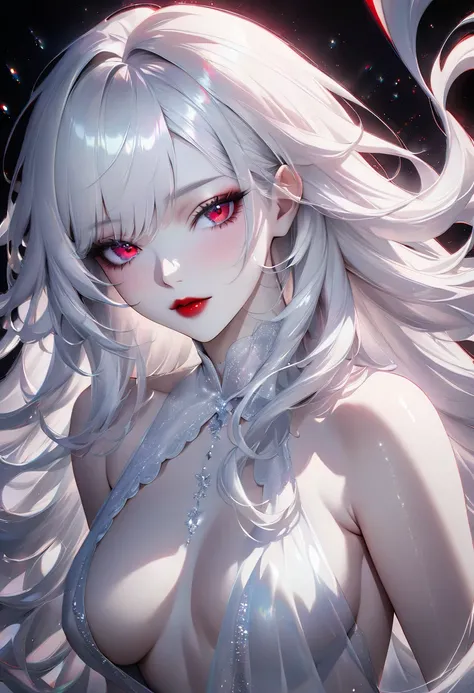 ultra detailed, absolutely resolution, masterpiece. 
cool beauty, seductive and excited lewd look, seduction, white glossy silky flowing high layered hair, hair, red lips. 
white flash black light effect, wonderland worldview. various iridescent foggy glit...