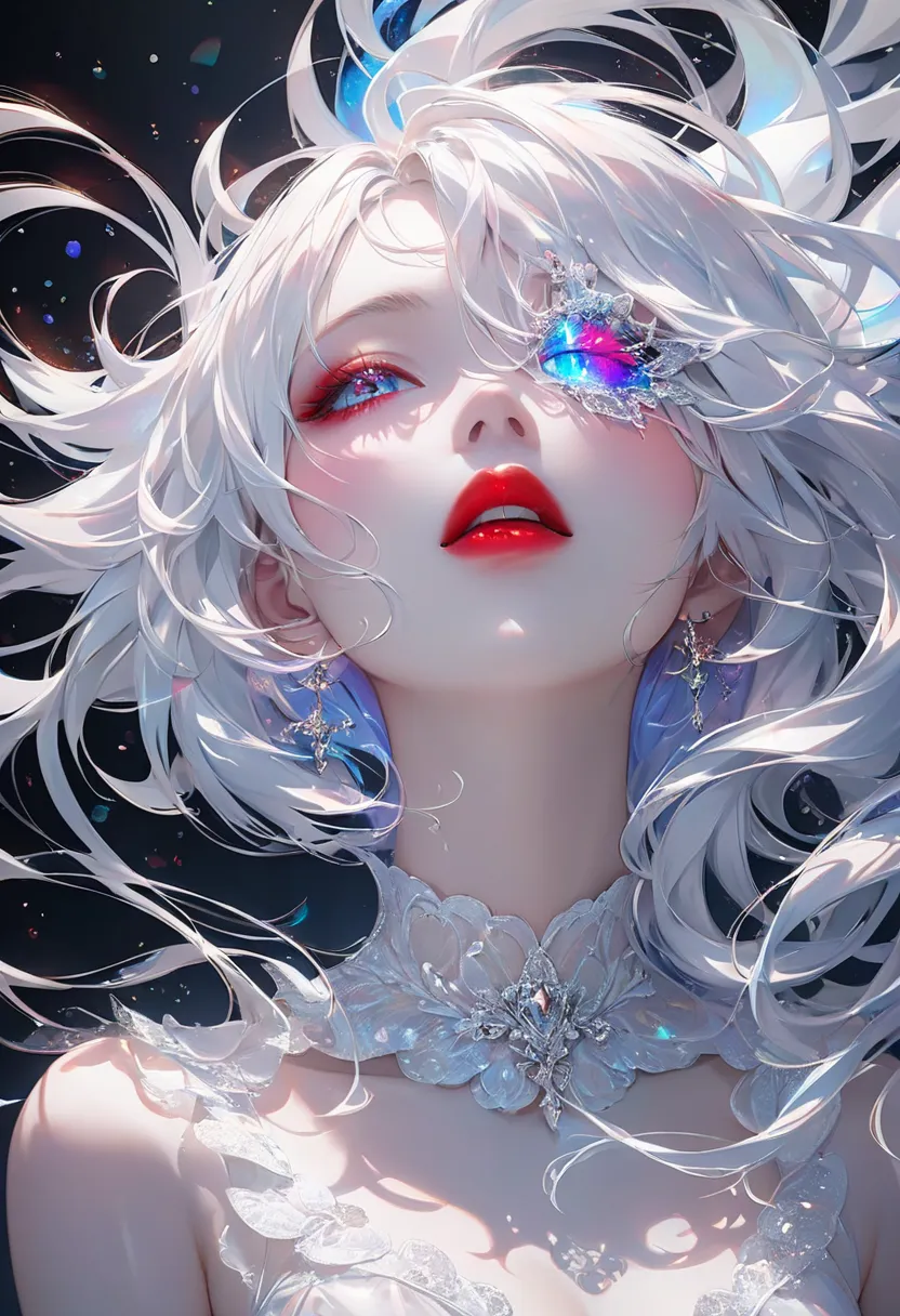 ultra detailed, absolutely resolution, masterpiece. 
cool beauty, seductive and excited lewd look, seduction, white glossy silky flowing high layered hair, hair, red lips. 
white flash black light effect, wonderland worldview. various iridescent foggy glit...