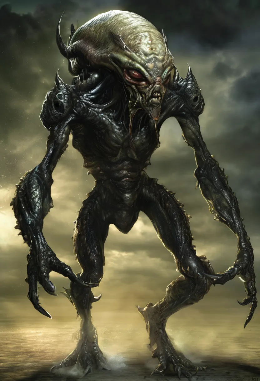 Depict a Drakarien alien: a ruthless extraterrestrial with thick, toad-like gray skin covered in large, oozing tumors and pustules, emitting a nauseating fluid. The creature's body is irregular and deformed, enhancing its monstrous appearance. It possesses...