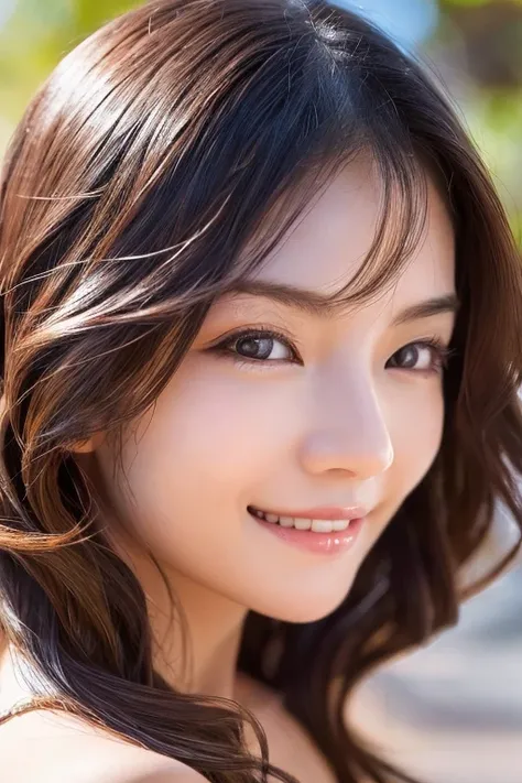   face close-up、
Huge 、    long brown hair  、Sparkling,   oily skin  、 skin growth 、  sandy beach、  white skin、Flying debris,   best quality, Realistic,   very detailed, finely,  It's high definition  ,  8k wallpaper,   beautiful woman,,   Light Brown  , B...