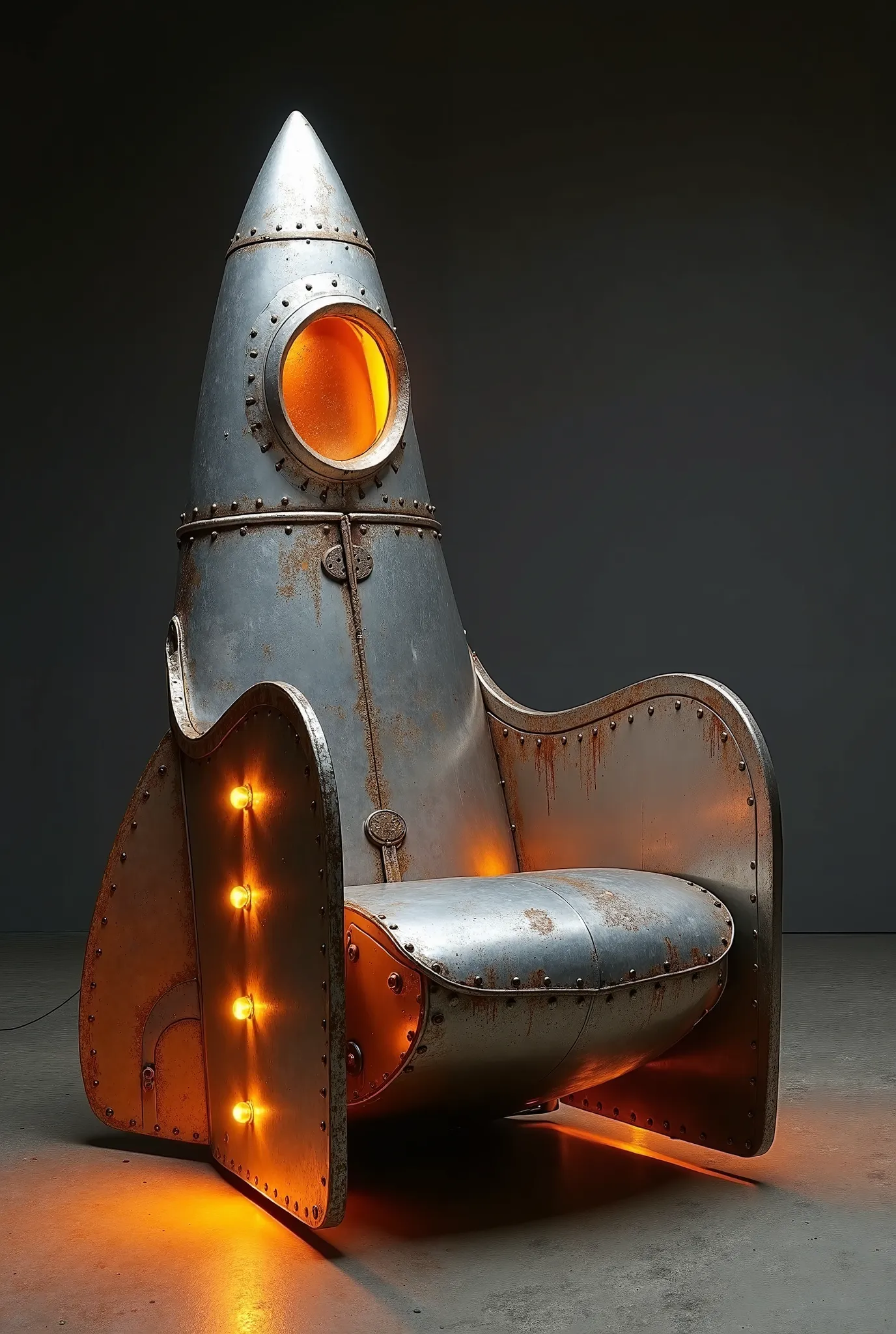 A rocket-shaped chair made of scrap metal with warm lighting