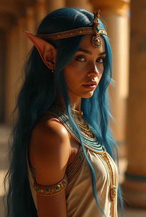 Upper body shot, North African woman, pointed elf ears, caramel skin, velvet blue hair, closed mouth, ancient Egyptian noble attire, Egyptian jewelry, dynamic pose, complex fantasy character, NSFW, cinematic lighting, fantasy, magic, detailed background, i...