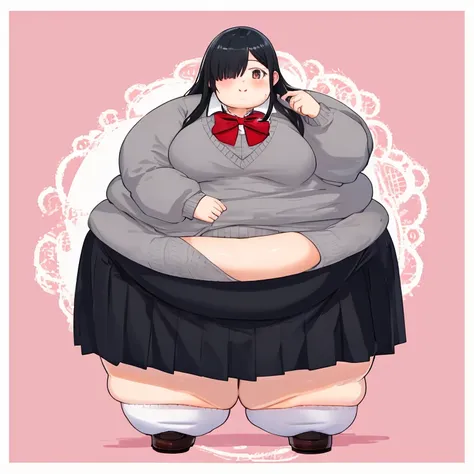 masterpiece,  best quality of wells, Advanced Details,  long black hair,  fat high school girl who reverses her , Half an eye,  collared shirt, red bowtie,  grey sweater,  black skirt , medium breasts,  full body,Fat lumps、 very large body ,  very膨れた, hypo...