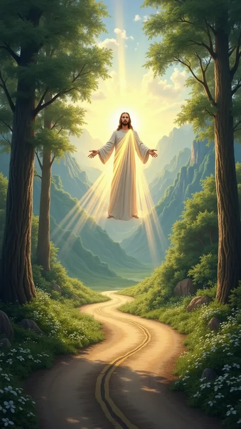 high resolution, tall details,  Ultra HD, A road surrounded by nature, with Jesus in the background, wrapped in light, guiding those who walk.