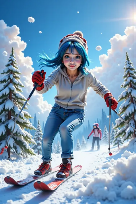 She has blue hair, blue eyes, red padding, and is wearing jeans.She has a bright smile. I'm skiing with a stick in both hands.This is a ski resort with a slope.