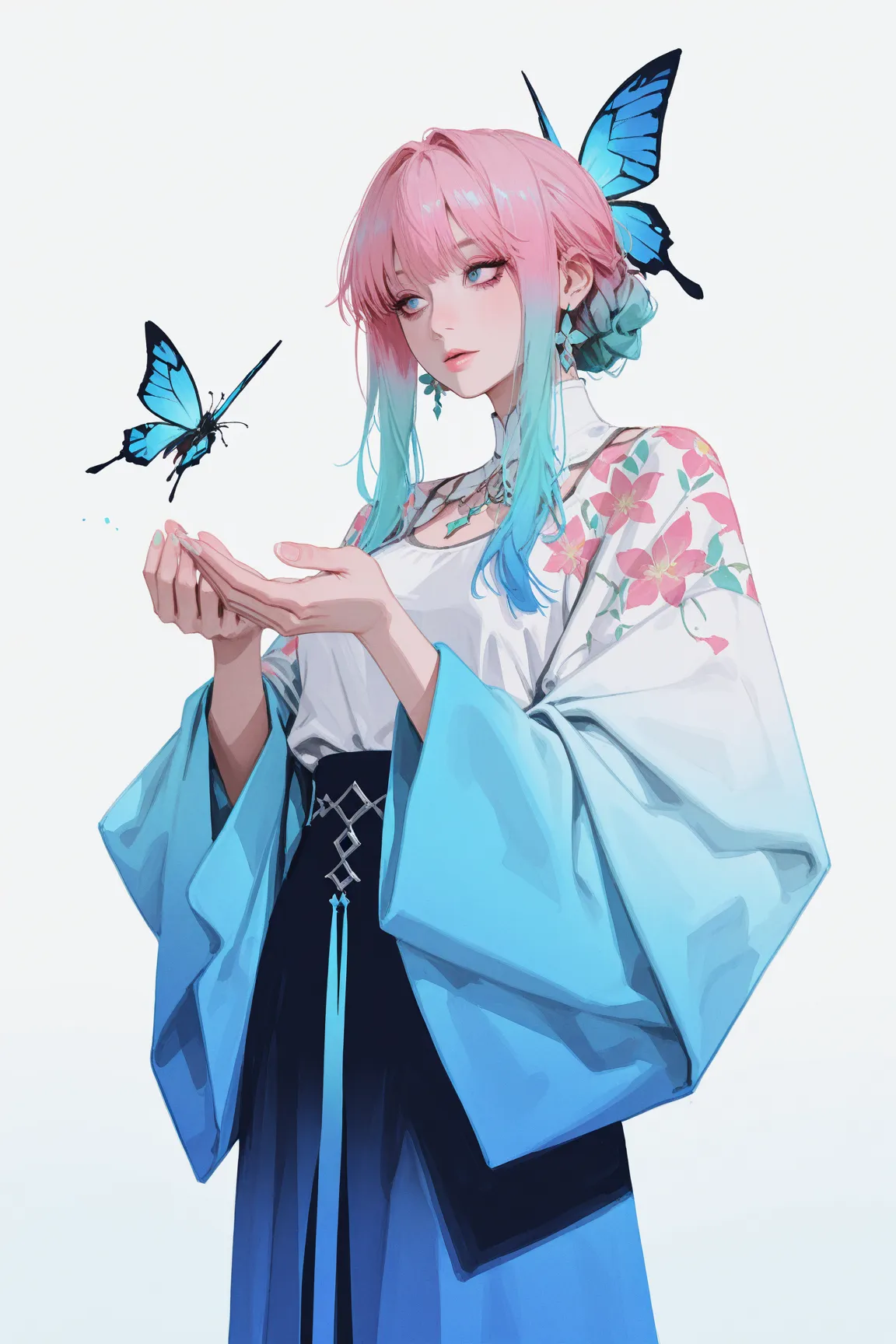 masterpiece, best quality, amazing quality, very aesthetic,Design an image of a female character with gradient hair colors, blending pink and blue hues. Include elements like floating butterflies and floral motifs around her. The lighting should be gentle ...