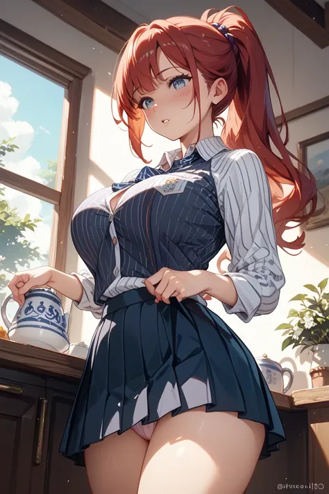 cheeky gal、pinstripe baseball shirt、white micro mini pleated skirt、low angle、Panties are watching、 pitcher pitching、red ponytail、Big Breasts、blush