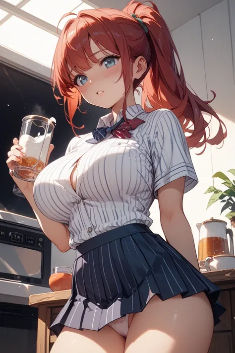 cheeky gal、pinstripe baseball shirt、white micro mini pleated skirt、low angle、Panties are watching、 pitcher pitching、red ponytail、Big Breasts、blush