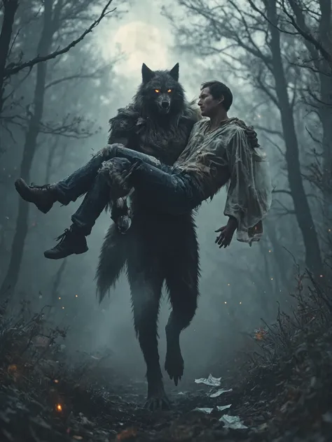 (best quality, ultra-detailed, intricate textures:1.2), (masterpiece, award-winning composition, cinematic lighting:1.2), **a powerful, part-transformed werewolf carries a slender man in a dramatic bridal-style pose, striding through the misty moonlit wood...