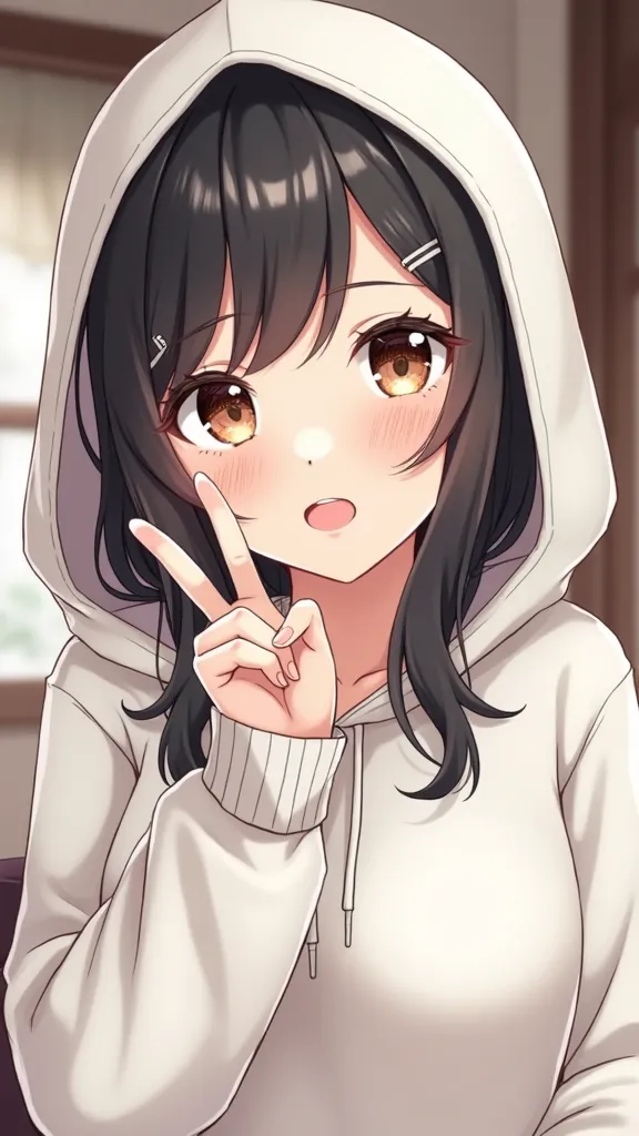  adult woman 　brown eyes on the frame　 shiny black hair　A ladylike atmosphere　The hood covers the face　 white sweat hoodie　Cute room background　She has a smiling face and is doing peace with her right hand　- Anime illustration - Masterpiece - Elegant skin　...