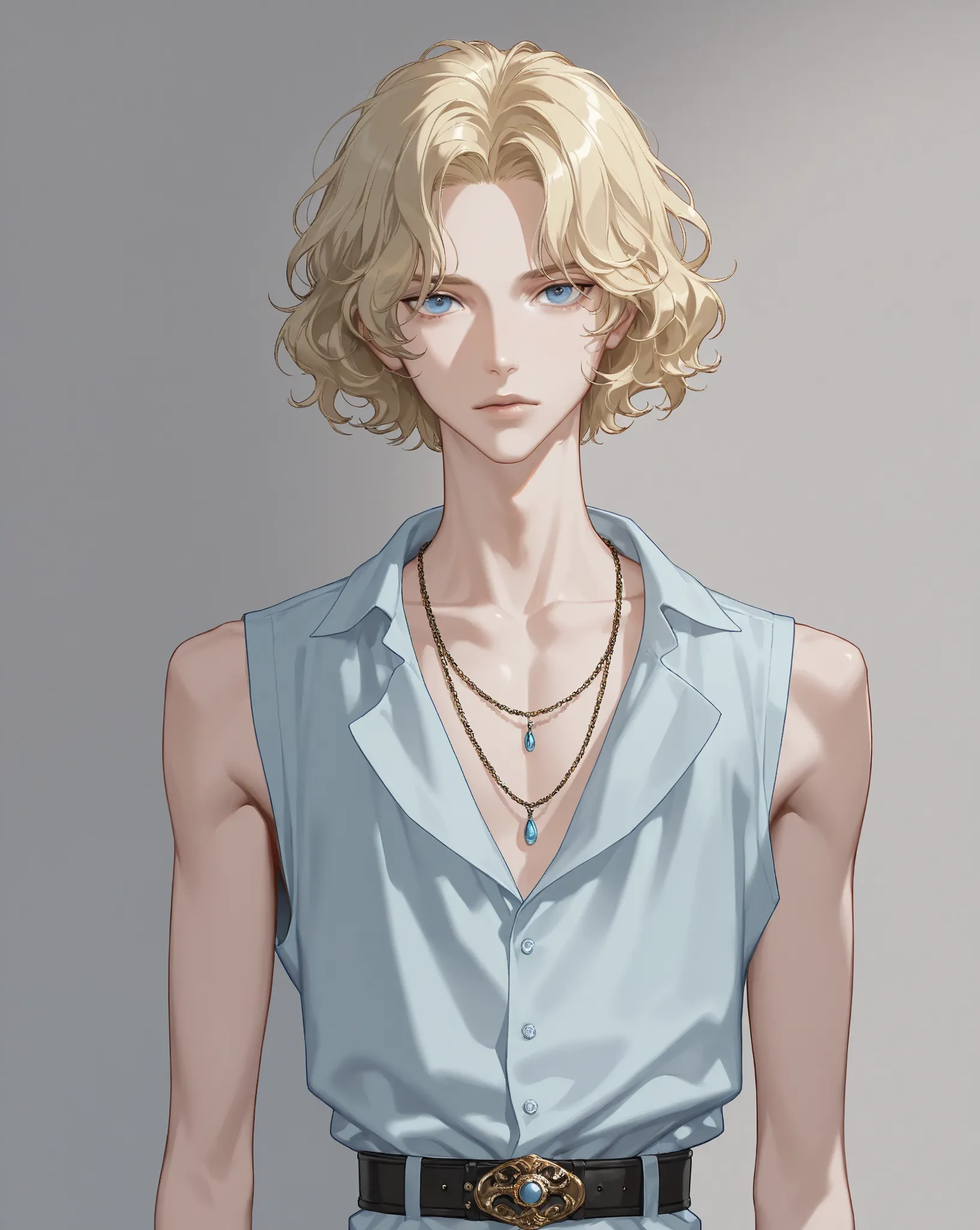 solo, looking at viewer, short hair, shirt,bishounen,skinny,lips,portrait, blonde hair,parted bangs,wavy hair,blue eyes, 1boy, jewelry, male focus, sleeveless, belt, necklace,