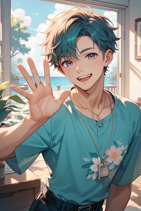 energetic boy　summer　 idol　 waving　 hands raised　smile　躍動感