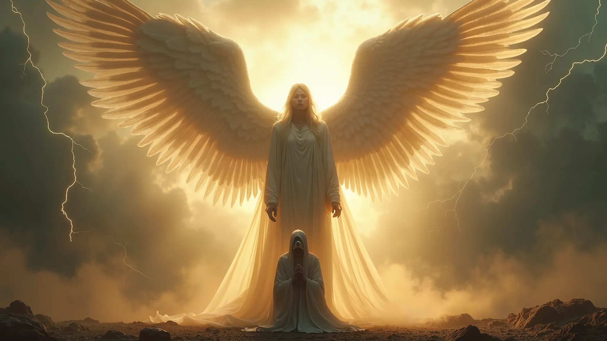 A majestic and ethereal angel stands in the center of the scene, its enormous, radiant wings fully extended, enveloping a lone figure kneeling beneath. The angel's face is serene yet powerful, with piercing golden eyes that exude divine wisdom. Its long, f...