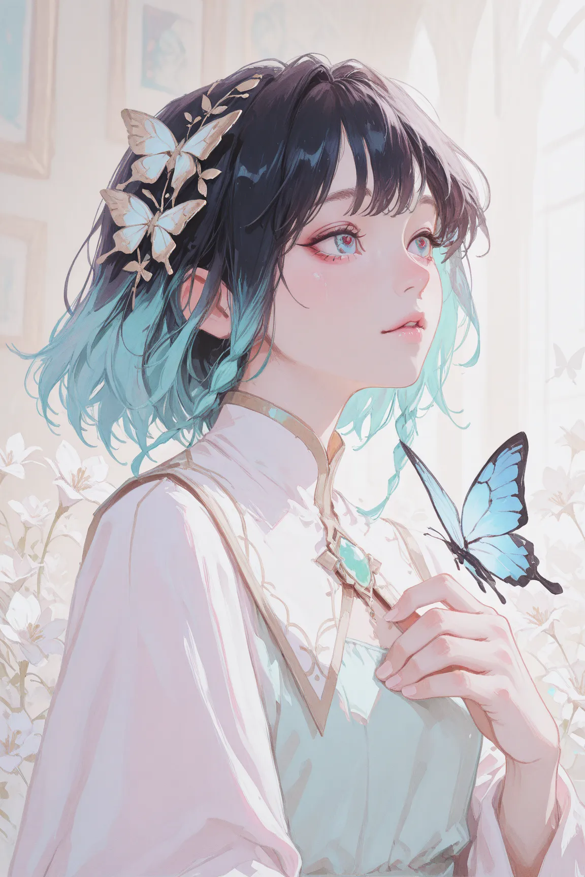 masterpiece, best quality, amazing quality, very aesthetic, ethereal portrait of a girl with multicolored hair, adorned with delicate flowers and floating butterflies, her eyes are half-closed, giving her a serene expression. The scene is bathed in soft, p...