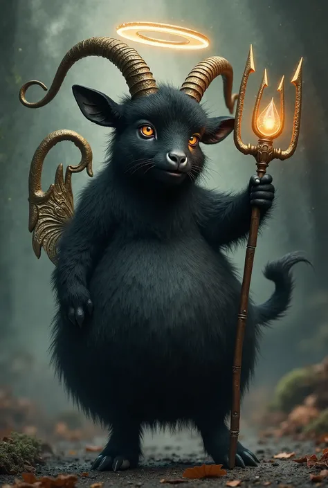 black goat , big belly, cute eyes, holding a pitch fork, wearing an angels halo, and a devils tail