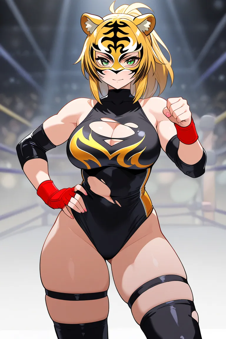 Female professional wrestler Tiger Mask, her mask is torn and her face is visible