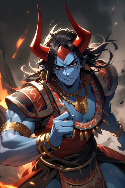 devil, man, high, strong, blue skin, Horns,  black eyes,  black hair,  wears Indian armor , wear Indian necklaces and bracelets.
