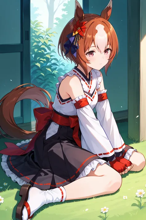 yaeno muteki\( Uma Musume\), short hair, hair ornaments close to the garden,  similarly ,  shoulder out, chest cut , Ribbon Trim, band, black skirt, frills,  white socks,   sandals on the skin ,  sleeve, fingerless gloves、 horse ears,  Mahogany