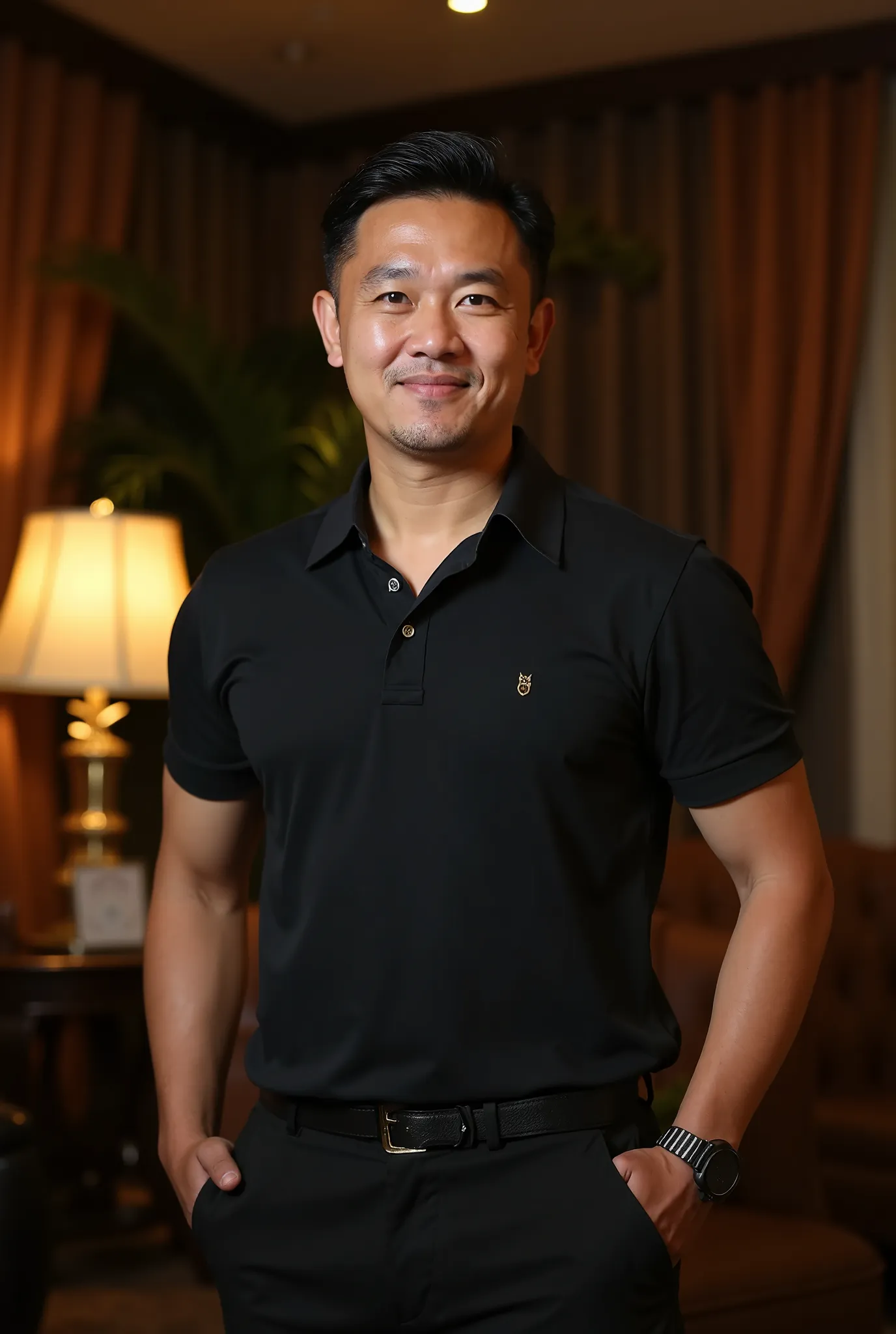 A well-dressed Asian businessman with sharp facial features, wearing a sleek black polo shirt and black trousers. He stands confidently in an elegant, dimly lit office with warm lighting, wooden furniture, and luxurious curtains. The atmosphere is sophisti...