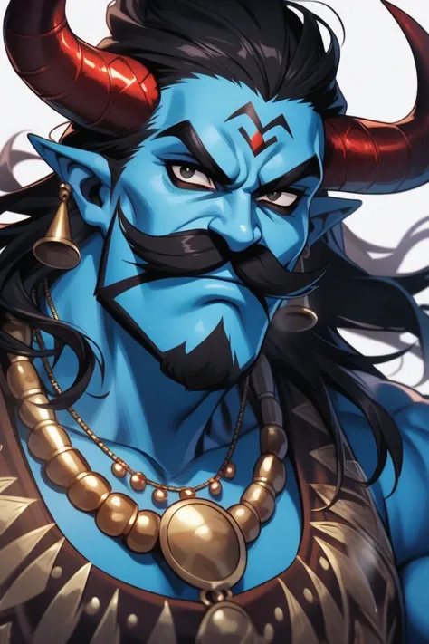 devil, man, high, strong, blue skin, Horns,  black eyes, has a mustache,  with black hair ,  wears Indian armor , wear Indian necklaces and bracelets.
