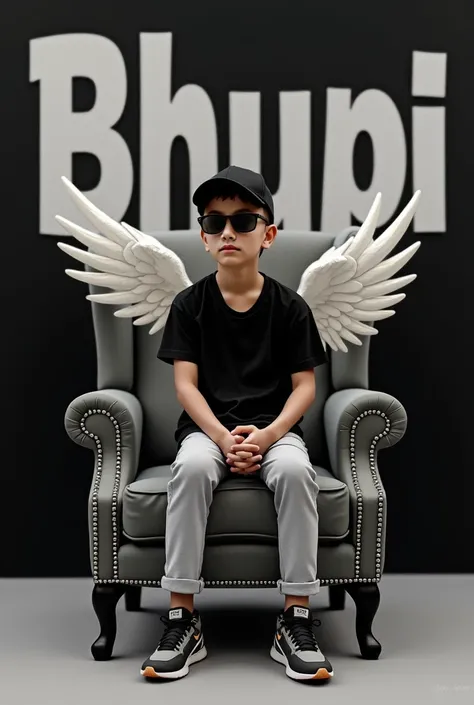 Create a 3D illusion picture where a boy in a black shirt sits casually on a Wingback Chair. Wearing sneakers, a black cricket cap, and sunglasses, he looks ahead. The background features "Bhupi" in big and capital white fonts on the black wall. There shou...