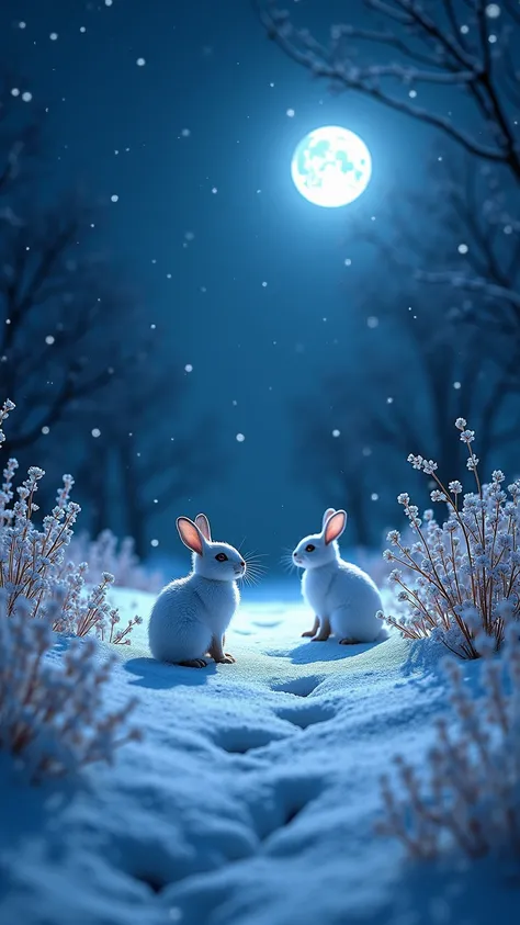 Snow falls on a very dark night、The snow reflects the beautiful blue moonlight slightly。There are 2 snow rabbits looking at the moon in the middle。Rabbit footprints 、Beautiful wild flowers blooming from under the snow、Spring may come、 Very Beautiful Scener...