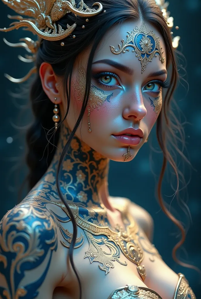 Full body like，（best qualtiy，ultra - detailed，Most Best Illustration，Best shadow，tmasterpiece，A high resolution，professionalartwork，famousartwork），Detailed eyes，beautidful eyes，closeup cleavage，sci-fy，colored sclera，Robot eyes，face markings，Tattooed with，（...