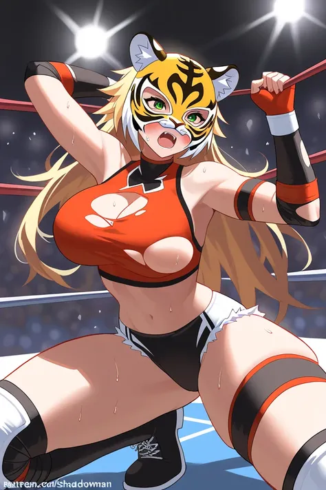 Female wrestler Tiger Mask's mask is torn to reveal her face, and her mask is brutally torn apart,by shadowman