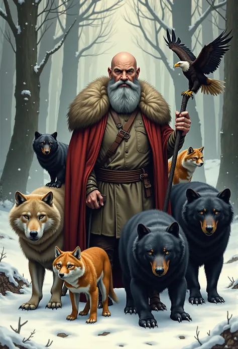 A realistic medieval fantasy portrait of Varamyr, a barbarian skin-changer. He is a small, grey-faced, and bald, with round shoulders. Picture him with three wolves, one black bear, one eagle and one bobcat. On the background a forest in the winter with sn...