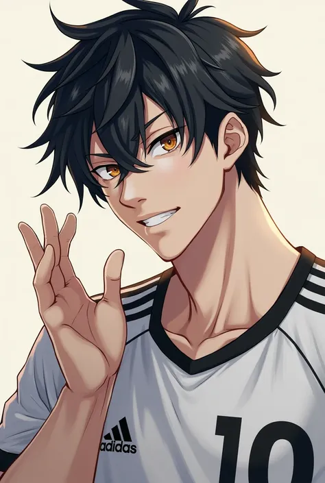 (absurdres, highres, ultra detailed), 1 male, adult, handsome, tall guy, broad shoulders, finely detailed eyes, dark color hair, complex pattern, detailed face, best ratio four finger and one thumb, cold snap, smirk, closed mouth, soccer athletic, white gu...