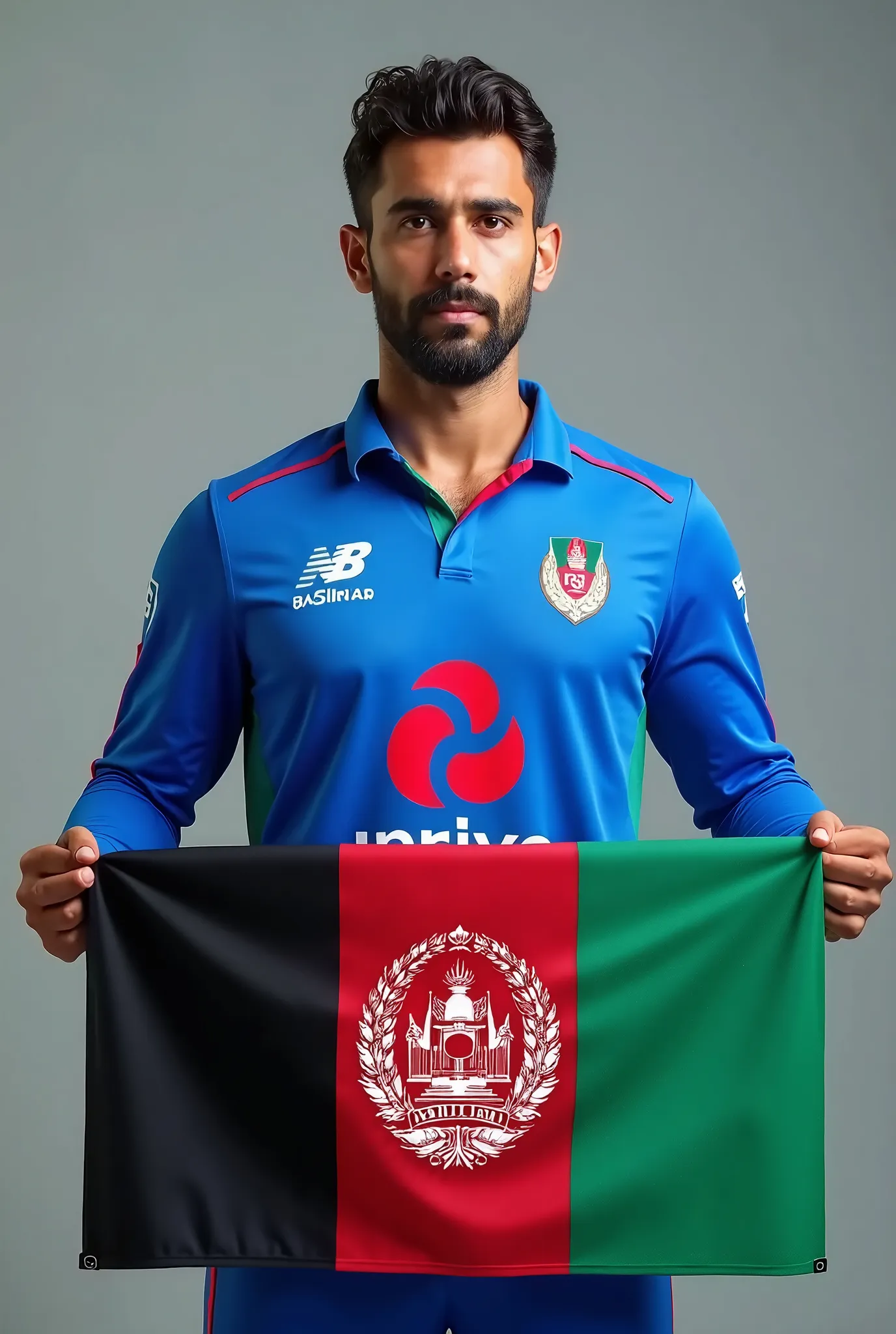 Make a man with age 30 blue outfit Afghanistan nnational cricket team and Afghanistan flag