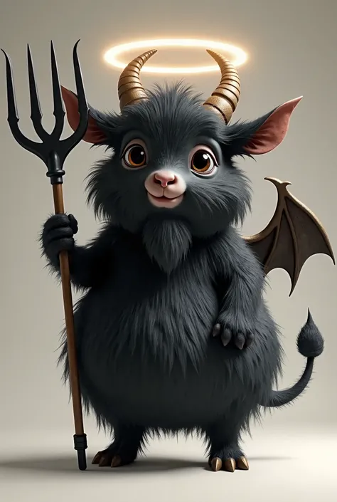 black goat , big belly, cute eyes, holding a pitch fork with 3 points, wearing an angels halo, and a devils tail and pure black wings, make it realistic