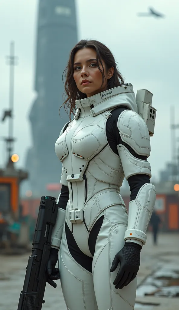 armed female figure in white sci-fi spacesuit, on spaceport, sci-fi ship in the background, overcast, lots of fine detail, sci-fi movie style, photography, natural textures, natural light, natural blur, photorealism, cinematic rendering, ray tracing, highe...