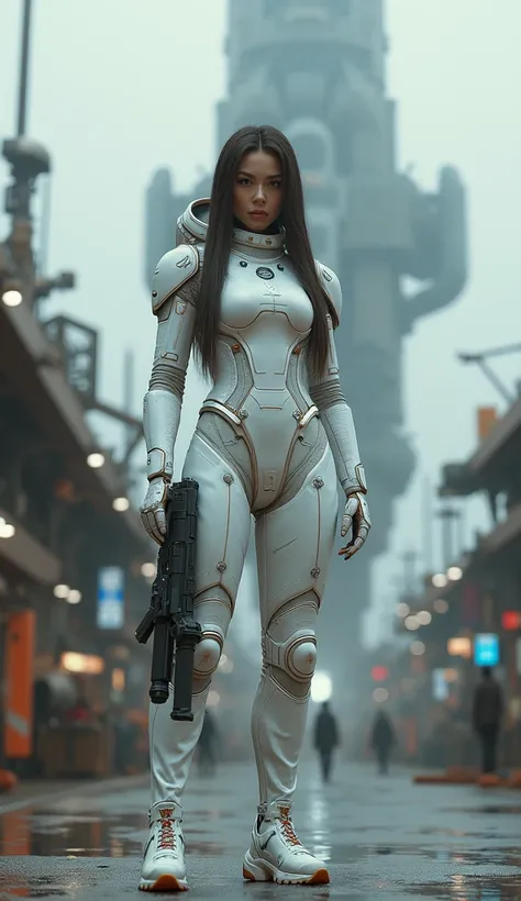 armed female figure in white sci-fi spacesuit, on spaceport, sci-fi ship in the background, overcast, lots of fine detail, sci-fi movie style, photography, natural textures, natural light, natural blur, photorealism, cinematic rendering, ray tracing, highe...