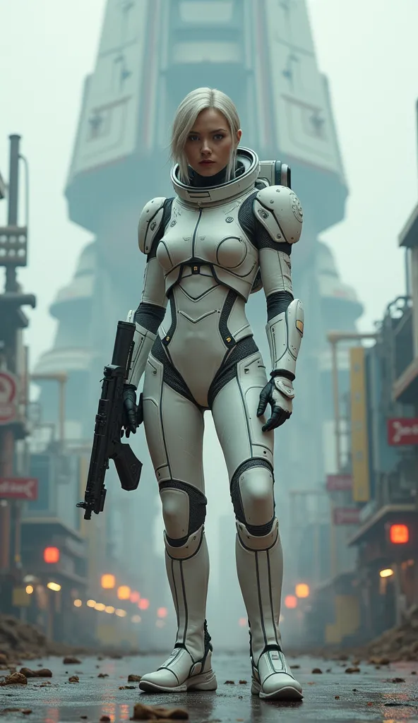 armed female figure in white sci-fi spacesuit, on spaceport, sci-fi ship in the background, overcast, lots of fine detail, sci-fi movie style, photography, natural textures, natural light, natural blur, photorealism, cinematic rendering, ray tracing, highe...