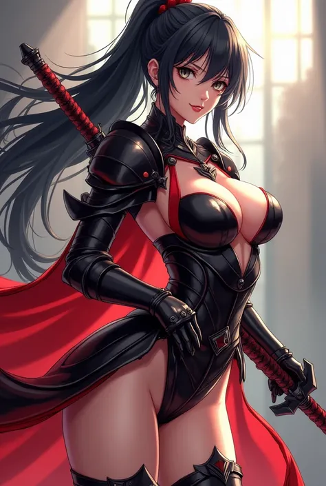 Anime version girl , warrior with a that only covers the breasts and groin area, her armor is black with vivid red, es  very sensual y reveladora, she carries a huge sword with two hands.the physical characteristics of the anime character, is a jet-black h...