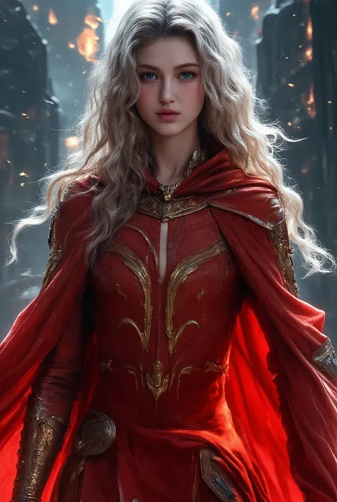 photo realistic,8k quality,a woman,slim body,wearing red cape, forged by light, white skin, blue eyes, in the light, silver hair, long hair, golden armor, runes of light,huge glowing red sword on right hand, burning ancient building in the background.half ...